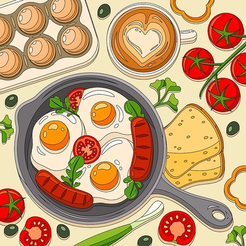 Coloring breakfast fried eggs toast composition with frying pan and scrambled sausages with tomatoes on table vector illustration