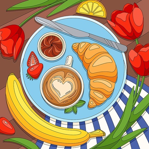 Coloring breakfast croissant coffee composition with flowers and banana fruit strawberry slices on top of table vector illustration