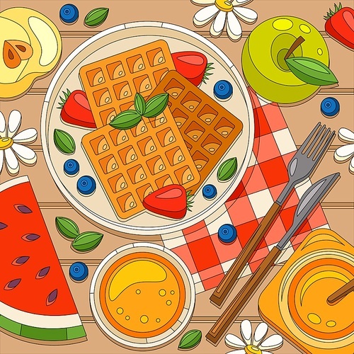 Coloring breakfast waffles composition with top view of wooden dining table with fruit slices and honey vector illustration