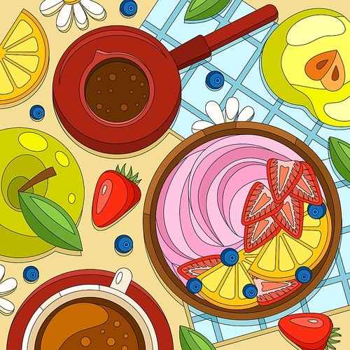 Coloring breakfast yogurt composition with table top view and lunch dishes with fruit slices and coffee vector illustration