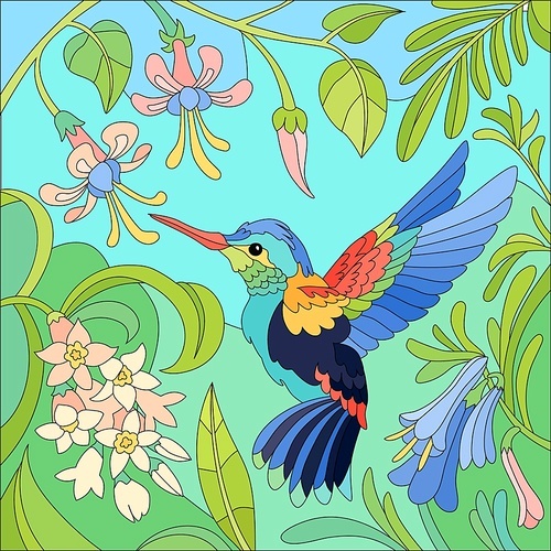 Flat colored tropical little bird colibri composition with pink and violet flowers vector illustration