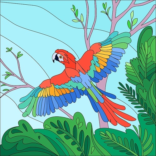 Colored flat tropical bird parrot composition with tropical wood and beautiful landscape vector illustration