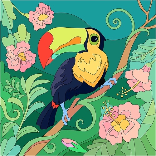 Colored and flat tropical bird toucan tropics composition with flowers and green leaves vector illustration