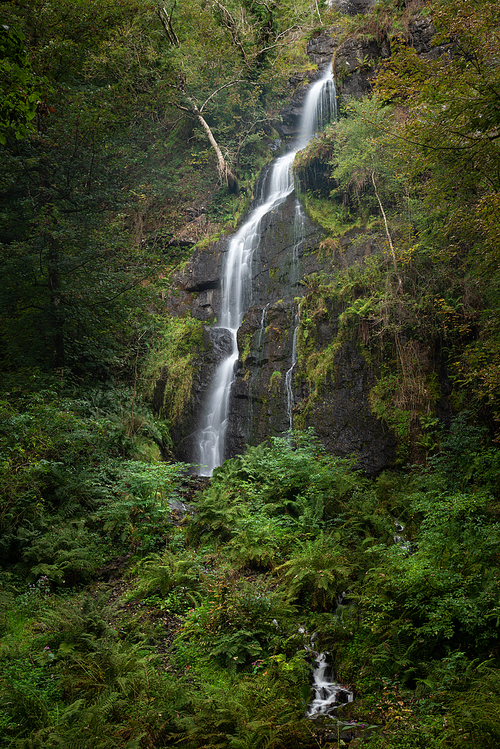 Stunning tall waterfall flowing over lush green landscape foliage in early Autumn
