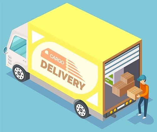 Mover holding box, unloading furniture, cargo delivery. Man in cap carrying case, vehicle with cardboard and wooden object, transportation vector