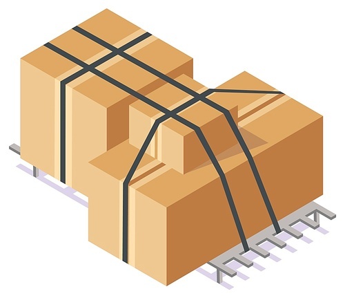 Cardboard boxes tied together with black rope on stand for transportation. Carton container, closed parcel, packaging for delivery 3d isometric vector illustration