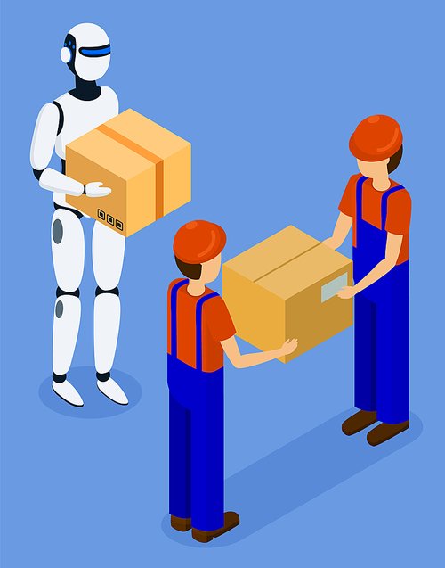Men in uniform holding parcel and working with robot innovative technology. Future business shipping with wireless device machine delivering cardboard box. Teamwork cooperation with pack vector