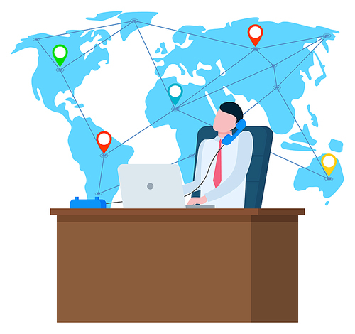 Man sitting at desk and talking on phone, working with laptop. World map on background. International commerce business concept vector illustration
