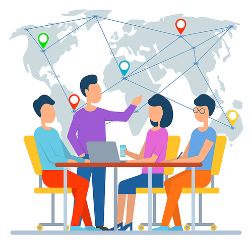 Man and woman workers discussing map with locations. People cooperation, international business, employees communication with computer, world vector