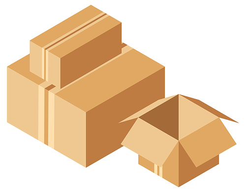 Packing product icon. Packing yellow boxes, package service, transportation parcel, deliver container, box delivery, receive pack, send and logistic isolated vector illustration