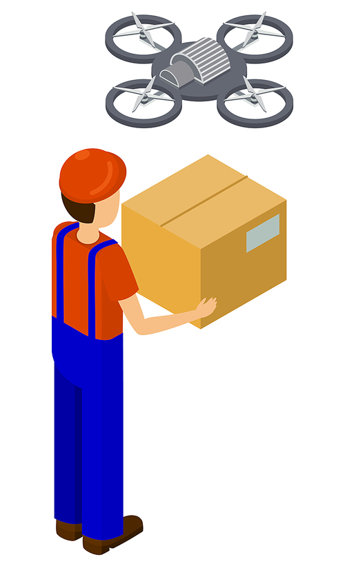 Delivery man holding cardboard parcel, quadcopter wireless device, business innovation. Aerial control or delivery of case, man with box, drone equipment, flight transport, discovery symbol vector