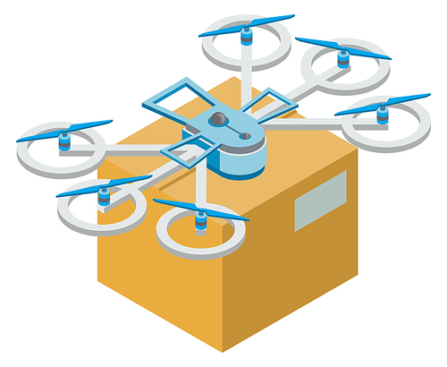 Drone with propeller vector, isolated helicopter with parcel. Fulfilling orders, flying with box fragile items inside of container. Transporting and shipping, delivery by robots illustration
