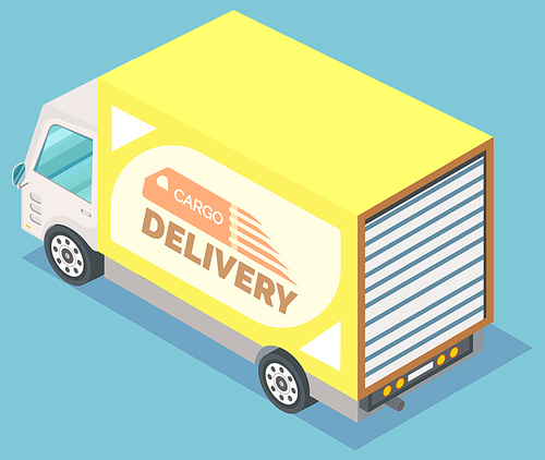 Yellow freight truck. Transportation and cargo delivery services. Big car for transporting heavy goods. Modern lorry, vehicle vector illustration
