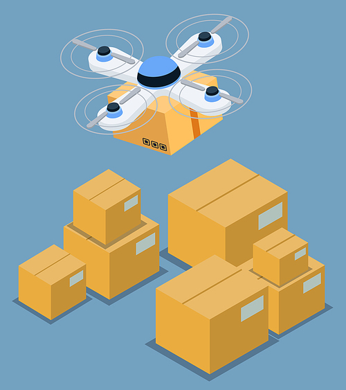 Lifting and moving parcels using quadcopter, also called quadrotor. Modern unmanned device for loading and unloading packages. Yellow carton boxes in warehouse. Vector illustration in flat style