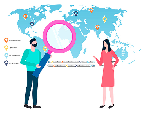 World map with marked places, navigation symbol and man with loupe investigating global market. Vector male and female managers and worldwide seo cooperation