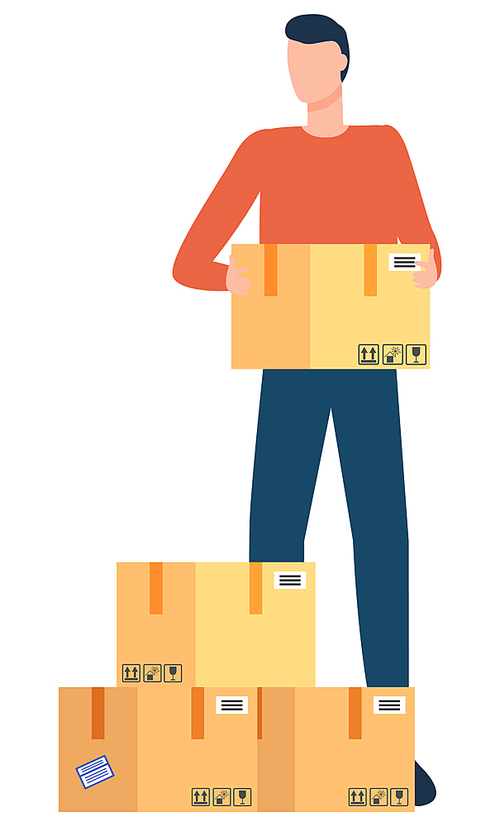Cargo or freight shipping, delivery service international business vector. Parcel boxes and deliveryman, couriers and cardboard containers, transportation