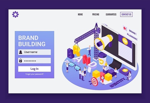 Marketing online brand building services concept isometric circular design with megaphone tower crane web page vector illustration