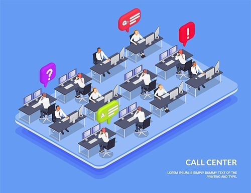 Customer service isometric and colored composition open space with operators online call center and chat vector illustration