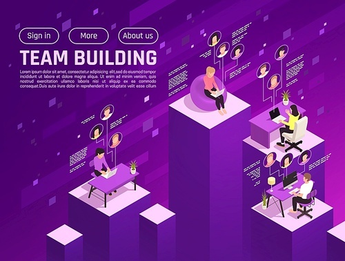 Online virtual team building isometric background with clickable buttons and platforms with human characters working remotely vector illustration