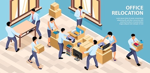 Isometric office move horizontal background indoor composition with text and images of workers packing their things vector illustration
