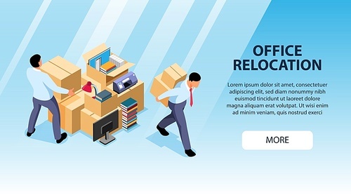 Isometric office move horizontal banner with editable text more button and images of people moving boxes vector illustration