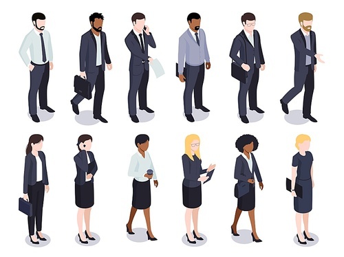 Isometric set of isolated businessmen businesswomen male and female faceless characters wearing costumes on blank background vector illustration