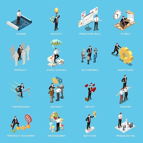 Soft skills isometric concept icon set with planning creativity presentation skills patience personality stress tolerance and other descriptions vector illustration