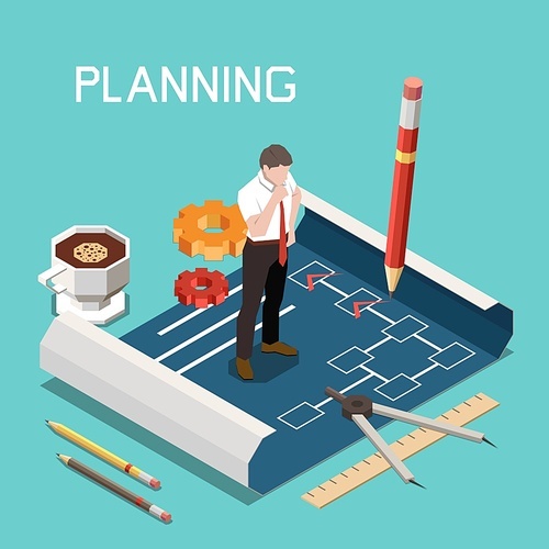 Soft skills isometric concept with planning headline and engineer in the working process vector illustration
