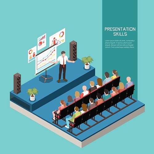Soft skills isometric colored concept with presentation skills description and office meeting vector illustration