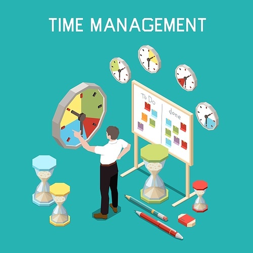 Soft skills isometric composition with time management concept and man at the work vector illustration