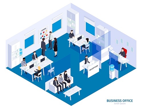 Isometric business office composition with view of stage building with characters of company employees at work vector illustration