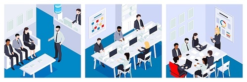 Isometric business design concept with set of three square compositions with office rooms and human characters vector illustration
