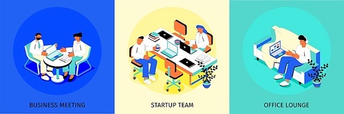 Business people teamwork concept 3 isometric colorful background compositions with office lounge startup team meeting vector illustration