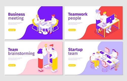 Business people 4 isometric web banners with startup team meeting brainstorming effective teamwork collaboration vector illustration