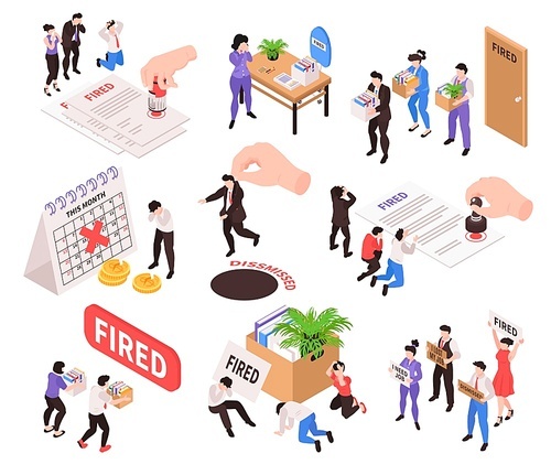 Isometric dismissal fired need job set of isolated icons and human characters of workers with goods vector illustration