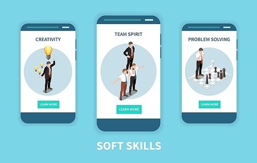 Three vertical soft skills isometric banner set with creativity team spirit and problem solving descriptions vector illustration