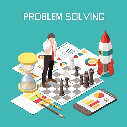 Soft skills isometric colored composition with problem solving and abstract situation at work vector illustration