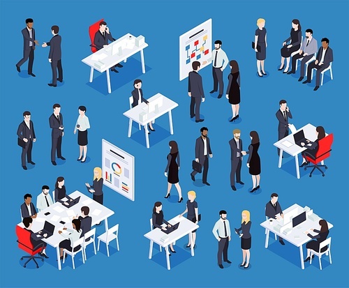 Isometric business set with groups of human characters sitting at working places having meetings and conversations vector illustration