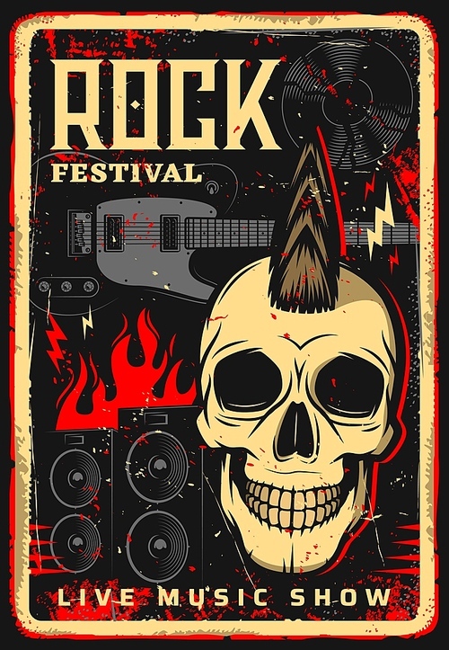 Rock music festival vector poster of live concert show. Hard rock fest electric guitar, skull with mohawk, vinyl record and loudspeakers retro design, decorated with fire flames and lightnings