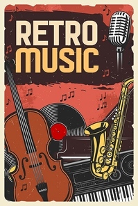 Retro music festival, jazz night or folk festival, vector vintage poster. Retro music band instruments, vinyl record player, synthesizer and orchestra violin, saxophone and singer microphone