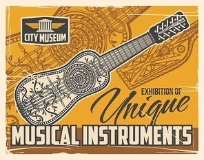 Musical string instruments museum exhibition, vintage retro poster. Folk music instruments unique exhibition, national and antique musical little string guitar, zither or sitar, mandolin