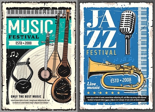 Musical festival of jazz and folk music grunge posters. Vector musical instruments, retro microphone and horn, piano keyboard, vintage lyre or cither, Turkish saz, Persian kamancheh and music notes