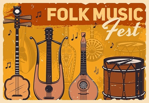 Folk music fest, vector retro vintage poster with musical instruments. Live folk concert with percussion drums and Japanese shamisen, Greek sitar and bandura, lyre and Asian dombra