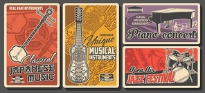 Folk and jazz live music fest, classical piano concert, vector retro vintage posters. Folk musical instruments exhibition museum of Japanese and national Asian music instruments shamisen or pipa