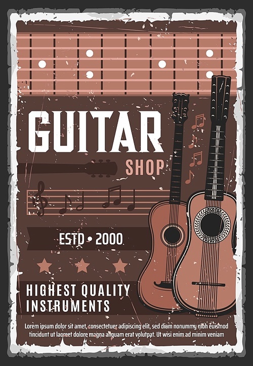 Guitar shop, music instruments and professional musician equipment store, vector vintage grunge poster. High quality acoustic guitars and string music instruments for rock and folk concert band