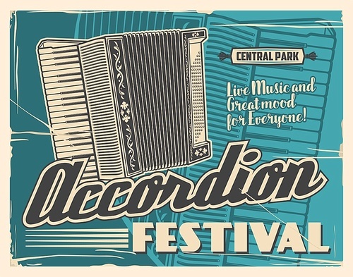 Folk music festival, vector retro vintage poster. Accordion or Russian harmonica acoustic concert in central park, folk and classical musical instruments band performance