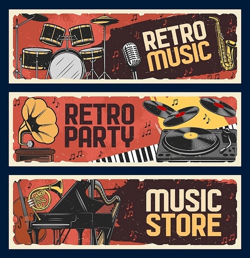 Retro music instruments store, vector retro vintage banners. Jazz music festival and live musical party with vinyl records gramophone, classic piano and orchestra harp, percussion drums and saxophone