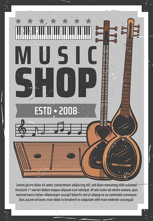 Music instruments shop, vector vintage retro poster with notes stave. Classical piano or synthesizer, folk guitars and professional musician equipment store for live acoustic concert band