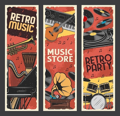 Music instruments retro banners, music store, live concert festival. Musical party instruments, vinyl record gramophone, classic piano and orchestra harp, saxophone, African jembe drums and trumpet