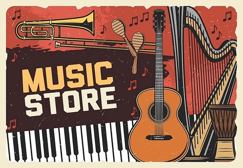 Folk music instruments store, vector vintage retro poster with guitar, piano and musical notes stave. Classical, jazz and folk music instruments shop, acoustic band maracas, trumpet and orchestra harp